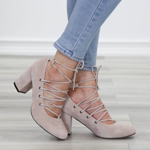 Shoes - Strappy Creme Suede Roud Toe Block Low Heel